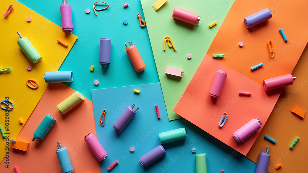 Aufkleber Vibrant objects arranged on a colorful paper surface creating a visually appealing composition.