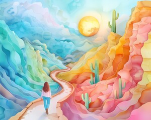 Walking through a vibrant, sustainable landscape at sunset, sustainability, minimal illustration