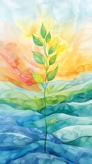 A vibrant watercolor illustration of sustainable growth, sustainability, minimal illustration