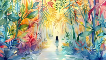 A woman walks through a vibrant, lush forest at dawn, sustainability, minimal illustration