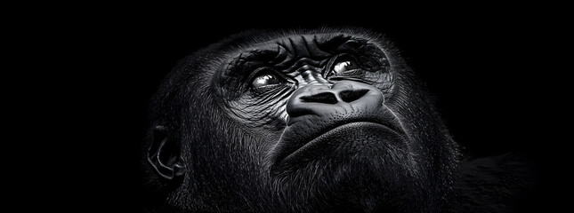 Close-up portrait of a gorilla looking up with a thoughtful expression, against a black background.