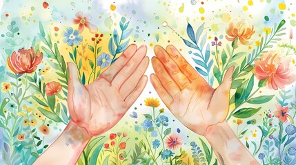 Hands reaching out amidst a vibrant watercolor garden, sustainability, minimal illustration