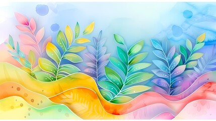 Lush watercolor plants flourish in vibrant colors, sustainability, minimal illustration