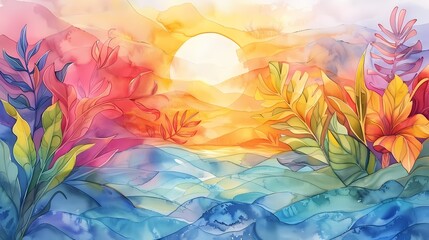 Watercolor sunset landscape showing sustainability, sustainability, minimal illustration