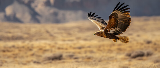 Naklejka premium Eagle in flight over a field of golden grass.
