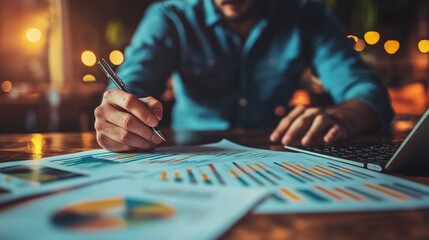 Businessman analyzing financial reports and data charts at a desk