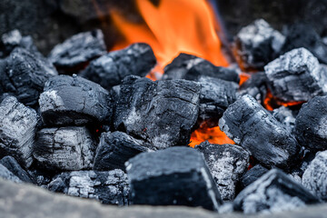 Close-up of firewood. Firewood has already turned into coal. 