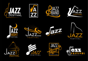 Jazz music icons with vector saxophone, trumpet, piano, trombone and cello musical instruments, notes and treble clef silhouettes. Jazz band concert, festival, night club event and live show signs set