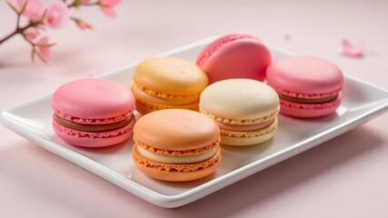 Fototapeta premium many colorful macaroons lie on a white saucer