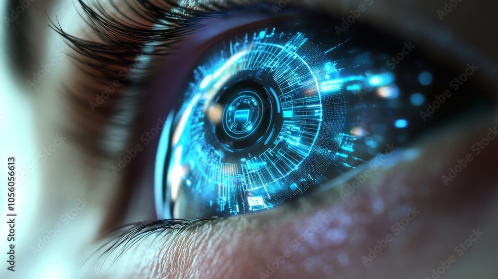Fototapete A close-up of an eye reveals vibrant digital imagery in the iris, with intricate patterns and glowing elements that highlight advanced technology and human connection.