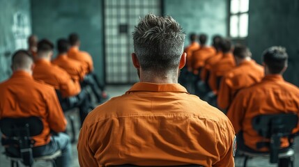 Fototapeta premium Inmates in orange jumpsuits seated in a prison room, listening to a speaker.