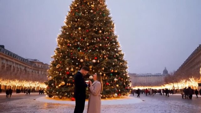 A romantic Christmas proposal under a giant, beautifully decorated Christmas tree in a city square, with snow falling softly.