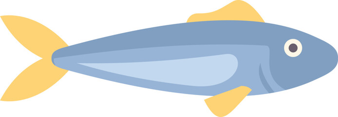 Simple cartoon illustration of a small blue fish swimming with yellow fins isolated on a white background