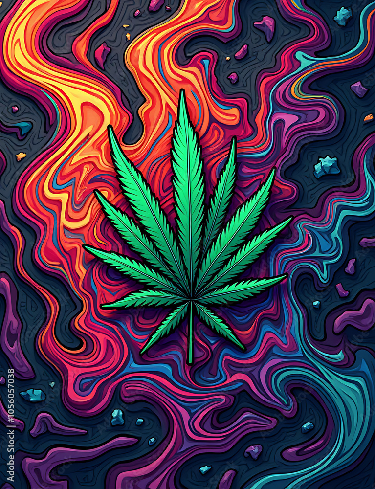 Aufkleber Vibrant colors swirl in psychedelic marijuana patterns with a funky glitchy design background.