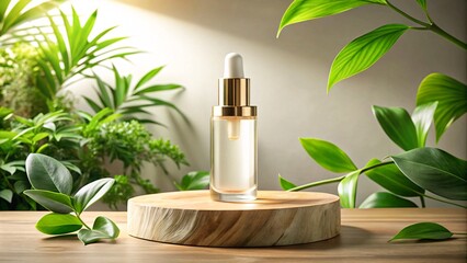 Elegant Glass Skincare Bottle with gold pump and tropical leaves V6