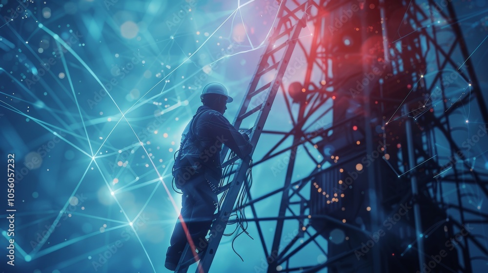 Poster telecommunications engineer climbing a metal tower, installing and maintaining network equipment wit