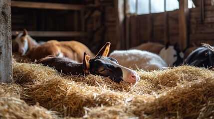 Fototapeta premium A group of farm animals resting in a comfortable barn, with straw bedding and ample space provided by the farmer.