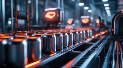 A conveyor belt in a factory with metallic cans illuminated by orange lights.