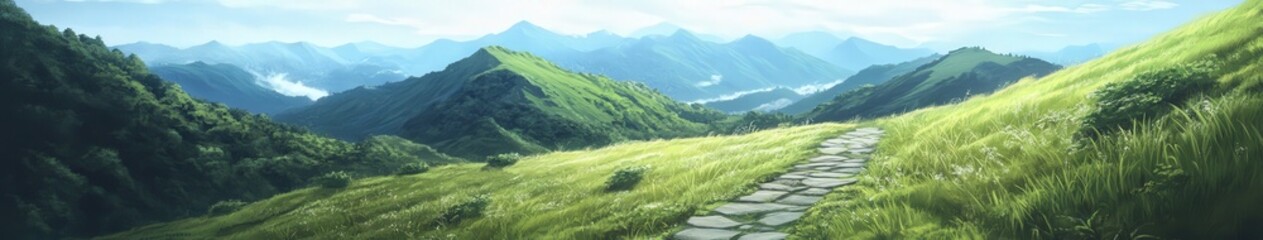 Fototapeta premium Scenic path through lush green hills under a clear blue sky