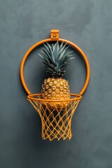 A fresh pineapple resting in an orange basketball hoop against a textured gray wall, combining...