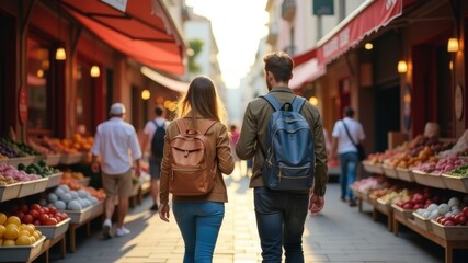 a guy and a girl walking through the market, rear view
