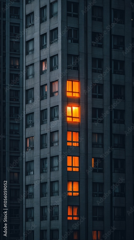 Poster A building with a window that is lit up with an orange light