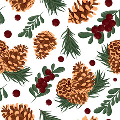 seamless pattern with different pine cones and fir twigs and red holly berries on a white background, for Christmas wrapping, cards or decorations