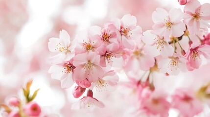 A soft, blurred cherry blossoms with a clear, open sky for text
