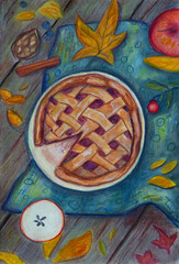 Watercolor and pencil illustration: A pie, apples, and autumn (fall) leaves on a wooden table; top view. Hand painted