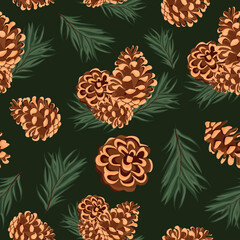 seamless pattern with various cones of conifers arranged randomly and fir branches on a green background, for Christmas packaging, cards or decorations