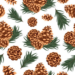 seamless pattern with various cones of conifers arranged randomly and fir branches on a white background, for Christmas packaging, cards or decorations