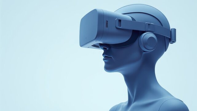A digital human figure wearing a futuristic virtual reality headset, showcasing cutting-edge technology, immersive experiences and the beginning of a new virtual era of human interaction. - Powered by Adobe