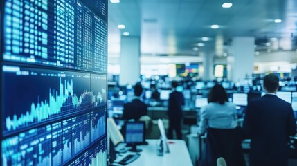 A busy trading floor with a large screen displaying stock market data.