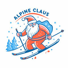 Skiing Santa with Sack in "Alpine Claus" Holiday Illustration