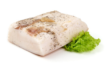 Salted lard, close-up, isolated on white background.