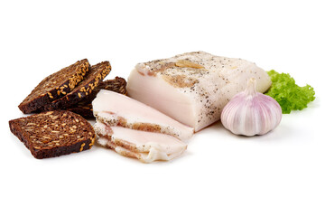 Salted lard, close-up, isolated on white background.