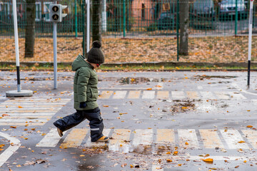 A little boy of 5 years old crosses the street at a pedestrian crossing. Traffic Laws. Be...
