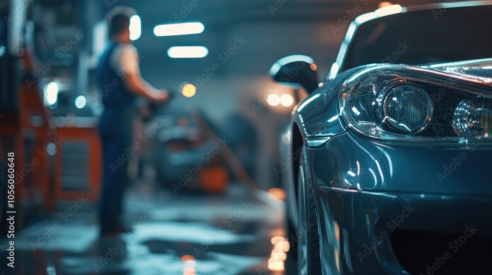 Poster a close-up of a car in a workshop with a mechanic in the background.