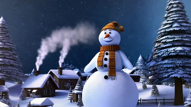 Animation of a snow globe featuring a snowman, winter landscape, trees, houses, and falling snow.