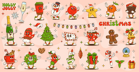 Cartoon groovy Christmas characters for winter holiday, vector funny emoji. Groovy Christmas tree with Santa gifts, funky gingerbread man and chocolate with marshmallow as retro cartoon characters