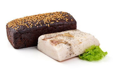 Salted lard, close-up, isolated on white background.