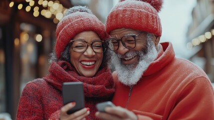 Smiling elderly African American couple, each wearing fashionable glasses and red winter clothes, happily looking at their phone while standing in a winter setting.