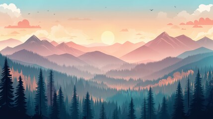 Obraz premium Vibrant sunrise over tranquil mountain landscape with silhouetted trees