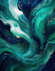 Abstract painting of blue and green fluid paint with gold