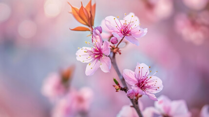 Obraz premium Beautiful cherry tree with tender flowers. Amazing spring blossom.