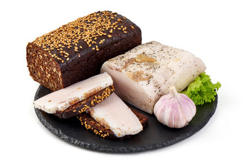 Salted lard, close-up, isolated on white background.