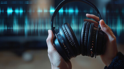 Person listening to music with headphones while analyzing sound waves at home