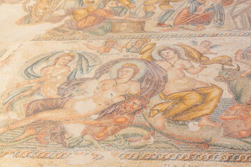 Paphos district, Cyprus - 9 November 2023: Mosaic at Palaipaphos (Old Paphos), one of the most celebrated pilgrimage centres of the ancient Greek world with the sanctuary of Aphrodite, Kouklia