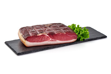 Italian prosciutto crudo or spanish jamon, isolated on white background.