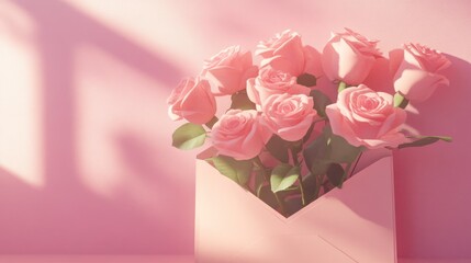 A bouquet of pink roses arranged in a pastel envelope, set against a soft pink background.